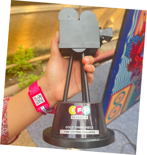 Close-up of the India Film Project Season 13 Gold Think Piece trophy